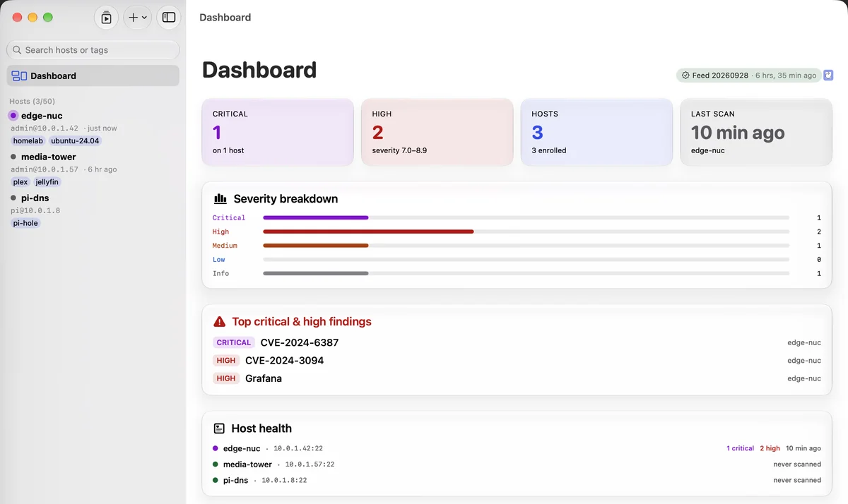 Noxen Dashboard view with severity tiles, host count, last-scan timestamp, severity breakdown bar chart, and a Top critical and high findings table.