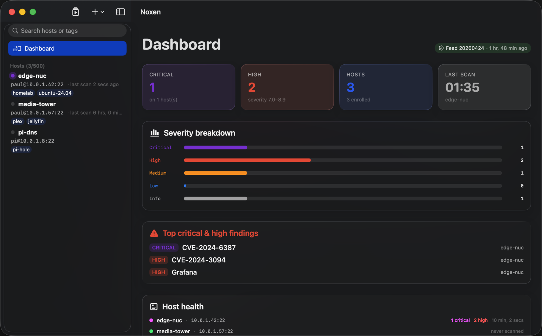 Noxen dashboard showing 1 critical and 2 high-severity findings across 3 enrolled hosts, including CVE-2024-6387 (regreSSHion) and CVE-2024-3094 (xz backdoor).
